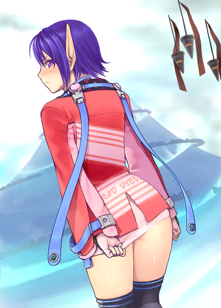 yuzuriha (active homing), karen erra, phantasy star, phantasy star universe, sega, bad id, bad pixiv id, 1girl, angry, ass, black thighhighs, blue background, blush, clothes pull, elf, embarrassed, female focus, fingerless gloves, from behind, gloves, jacket, long sleeves, looking back, nose blush, pointy ears, purple eyes, purple hair, skirt, skirt pull, solo, standing, thighhighs, zettai ryouiki