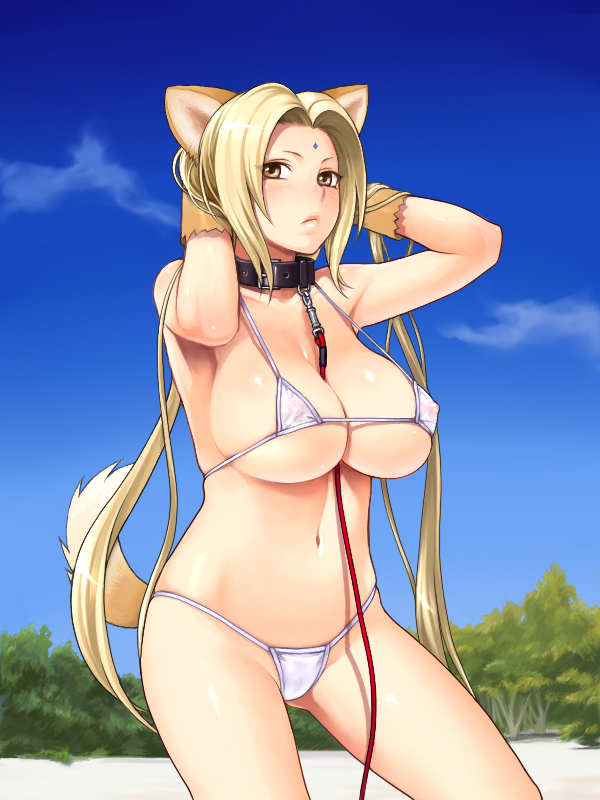 yuzuriha (active homing), tsunade (naruto), naruto (classic), naruto (series), bad id, bad pixiv id, revision, 1girl, animal ears, bikini, breasts, cleavage, collar, dog ears, female focus, huge breasts, leash, mature female, solo, swimsuit, tail, white bikini