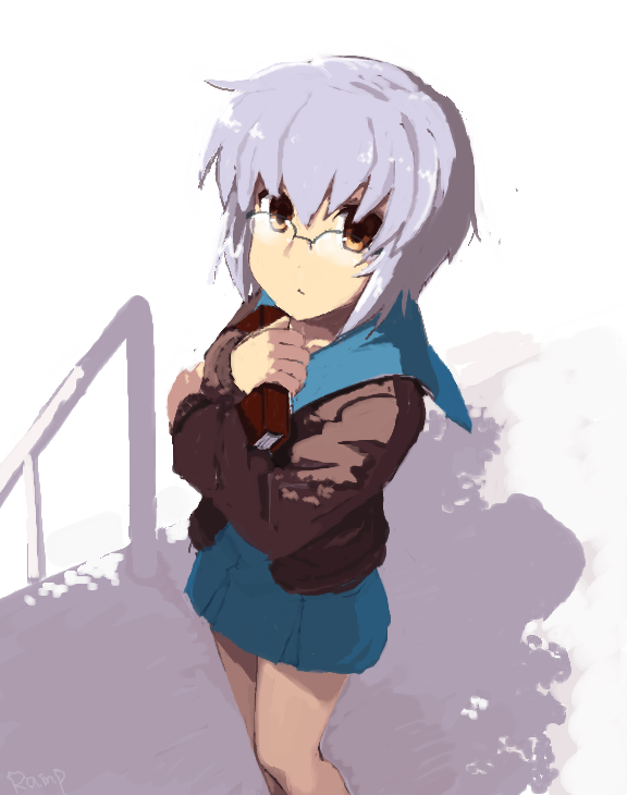 rkrk, nagato yuki, suzumiya haruhi no yuuutsu, 00s, glasses, school uniform, serafuku, solo