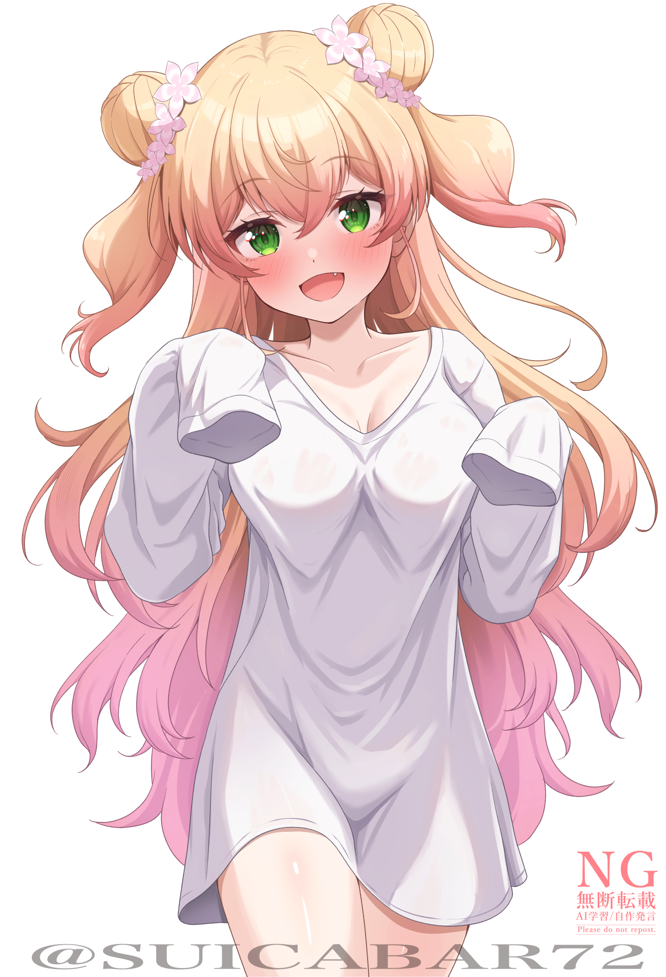 suicabar72, momosuzu nene, hololive, commentary request, highres, 1girl, alternate costume, blonde hair, collarbone, cowboy shot, crossed bangs, double bun, fang, flower, gradient hair, green eyes, hair bun, hair flower, hair ornament, looking at viewer, multicolored hair, open mouth, oversized clothes, oversized shirt, pink hair, shirt, sidelocks, simple background, smile, solo, twitter username, two side up, watermark, white background