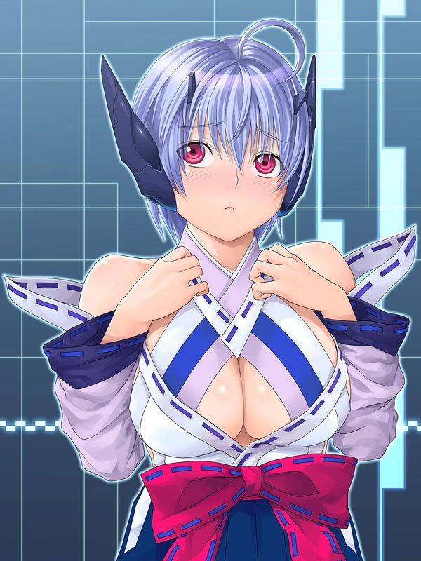 yuzuriha (active homing), phantasy star, phantasy star universe, looking away, bad id, bad pixiv id, 1girl, ahoge, android, bare shoulders, blue background, blue hair, blush, bow, breasts, cleavage, cleavage cutout, clothing cutout, embarrassed, female focus, halterneck, hands on own chest, huge breasts, japanese clothes, long sleeves, looking up, nose blush, red eyes, robot ears, short hair, solo, upper body, wide sleeves