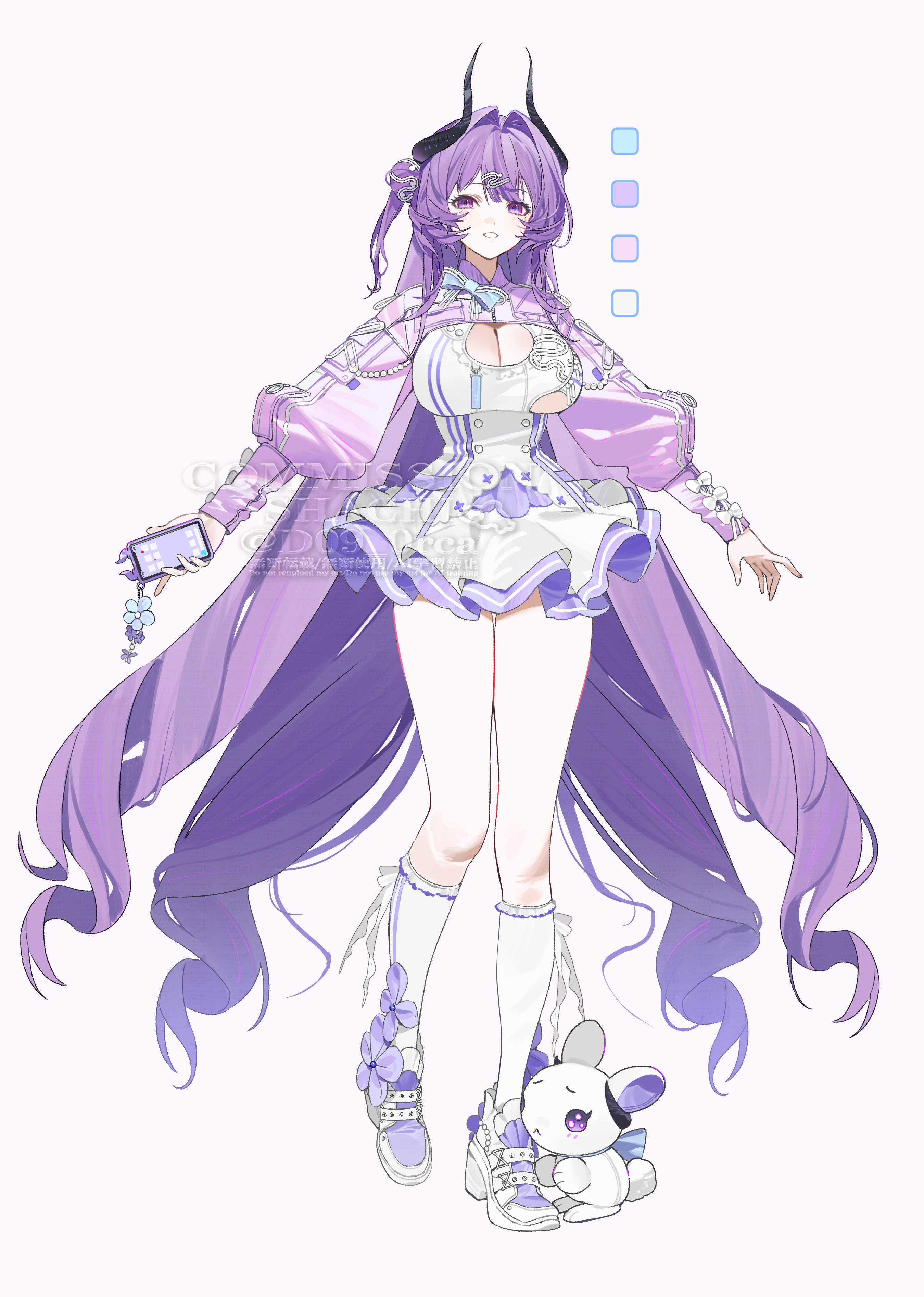 shachi (d09 0rca), original, absurdres, highres, 1girl, breasts, cellphone, cleavage, cleavage cutout, clothing cutout, dress, frills, full body, hair bun, hair intakes, hair ornament, hairclip, holding, holding phone, horns, kneehighs, large breasts, long hair, long sleeves, looking at viewer, phone, puffy long sleeves, puffy sleeves, purple eyes, purple hair, purple theme, shoes, short dress, simple background, single side bun, smartphone, socks, solo, standing, very long hair, white background, white dress, white socks