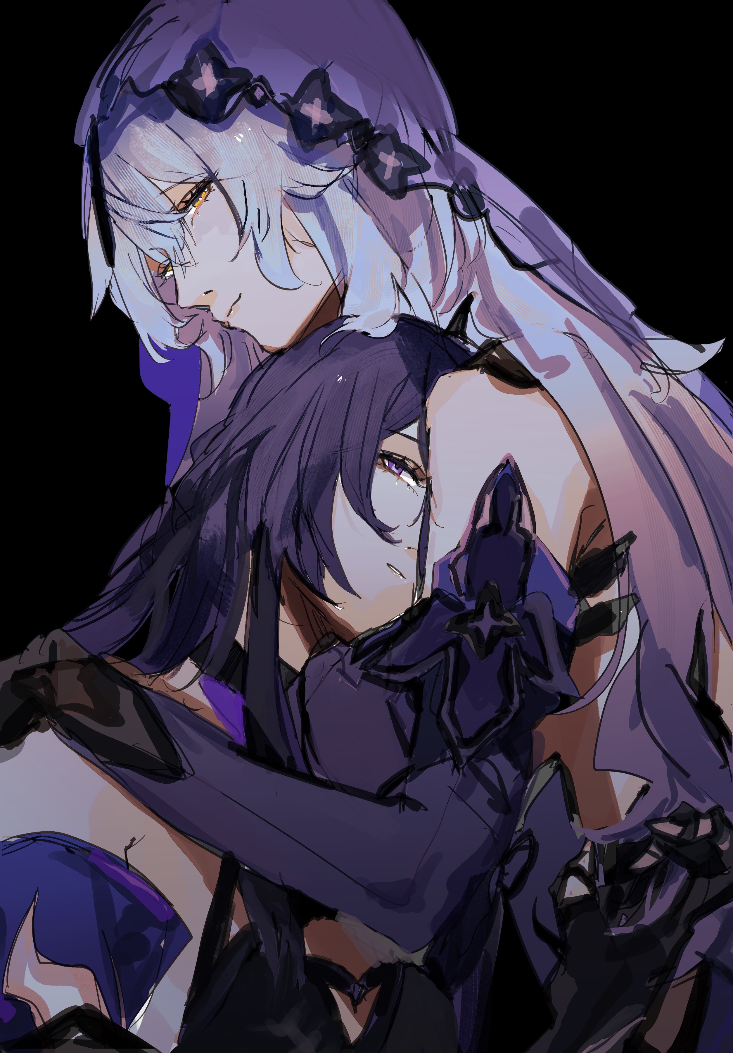 hokenmitumori, acheron (honkai: star rail), black swan (honkai: star rail), honkai: star rail, honkai (series), absurdres, commentary request, highres, 2girls, black background, black gloves, closed mouth, detached sleeves, gloves, hug, long hair, long sleeves, multiple girls, parted lips, purple eyes, purple hair, purple veil, veil, yellow eyes, yuri