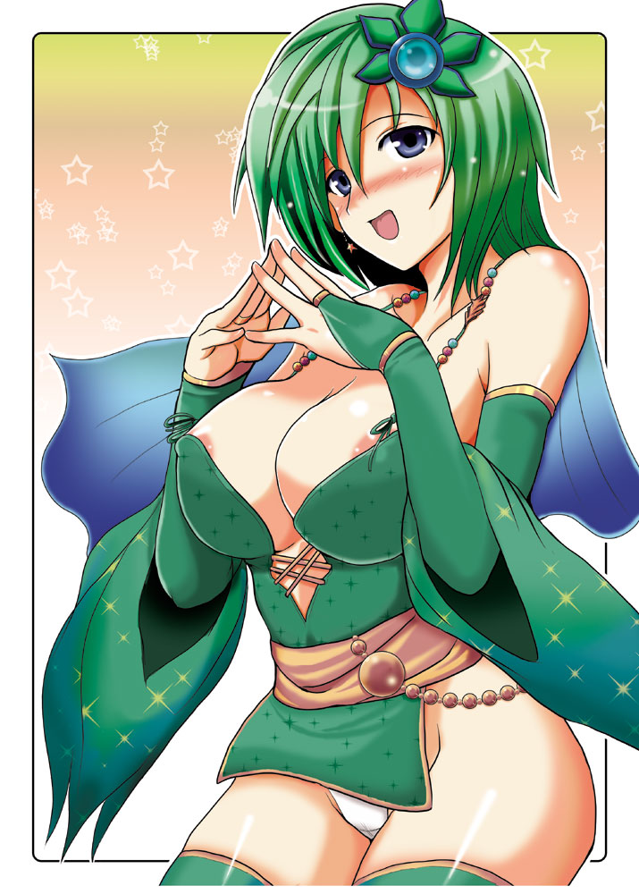 yasakani an, rydia (adult) (ff4), rydia (ff4), final fantasy, final fantasy iv, 1990s (style), 1girl, blush, breasts, bridal gauntlets, cleavage, female focus, green eyes, green hair, hair ornament, large breasts, matching hair/eyes, nipple slip, nipples, retro artstyle, solo, thighhighs