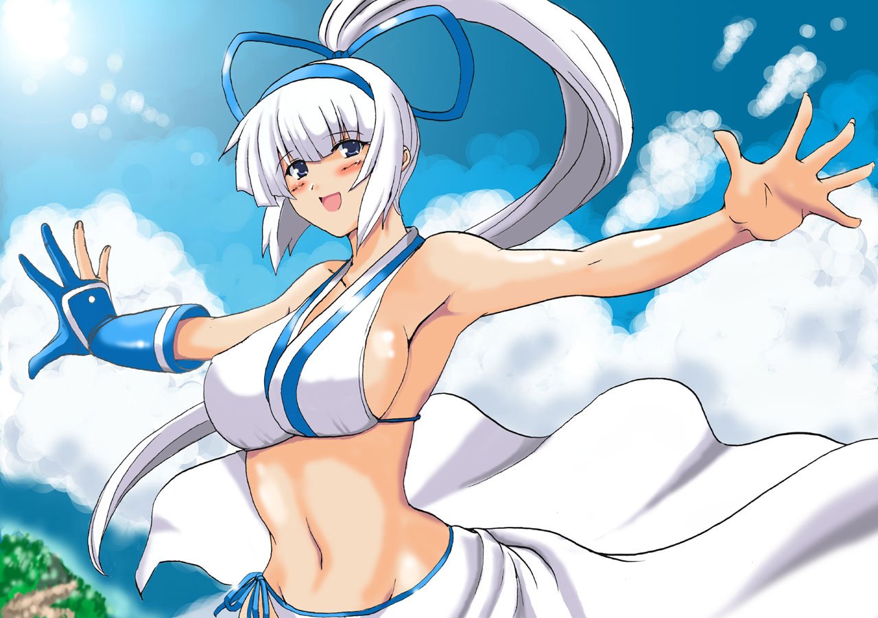yasakani an, majikina mina, samurai spirits, snk, 1girl, armpits, bikini, blue gloves, blush, breasts, female focus, gloves, large breasts, long hair, navel, open mouth, partially fingerless gloves, ponytail, sarong, sideboob, single glove, smile, solo, swimsuit, very long hair, white hair