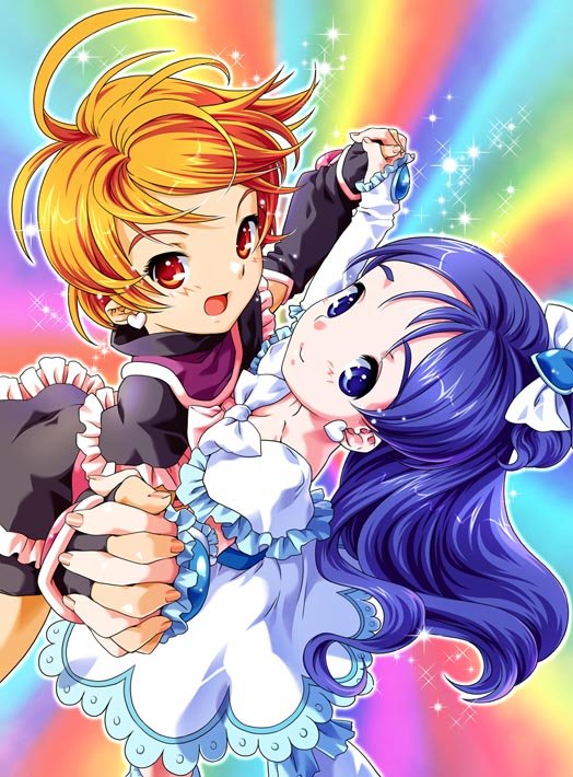 nekomata naomi, cure black, cure white, misumi nagisa, yukishiro honoka, futari wa precure, precure, 00s, 2girls, half updo, holding hands, magical girl, multiple girls, rainbow, rainbow background, smile, sparkle, yuri