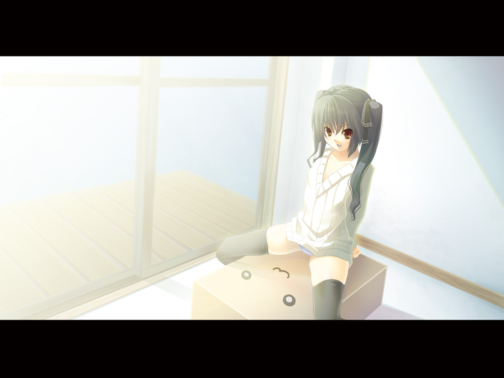 hisagi hotaru, kooh (pangya), pangya, 1girl, :3, :d, black thighhighs, breasts, cleavage, day, female focus, indoors, letterboxed, long hair, long sleeves, o o, open mouth, pillow, side ponytail, small breasts, smile, smiley face, solo, spread legs, straddling, sunlight, thighhighs, upright straddle, very long hair, window, zettai ryouiki