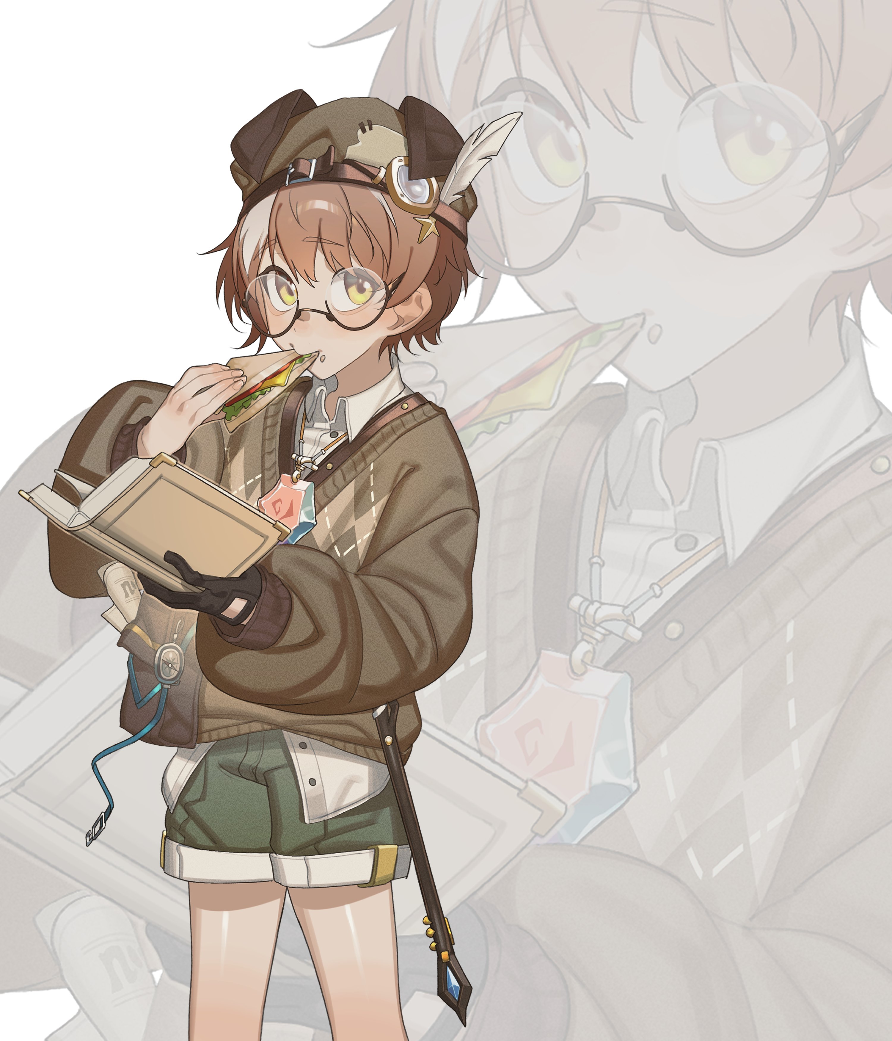 naomifiction, zeroera, absurdres, highres, 1boy, black gloves, brown hair, eating, glasses, gloves, hat, laimont (zeroera), male focus, sandvich, short hair, shorts, solo, white hair, yellow eyes