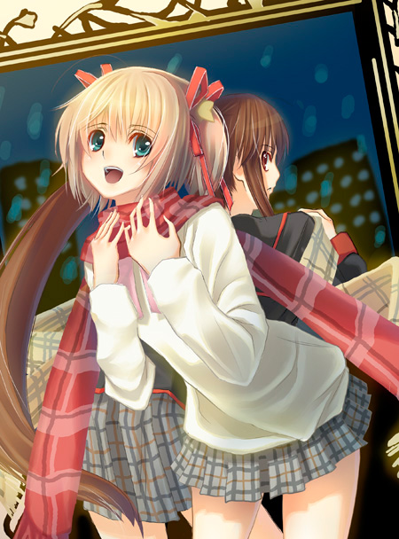 hisagi hotaru, kamikita komari, natsume rin, little busters!, aqua eyes, plaid clothes, plaid scarf, plaid skirt, ribbon, scarf, skirt