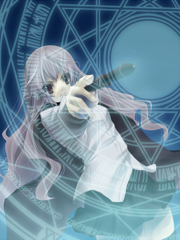 hisagi hotaru, louise francoise le blanc de la valliere, zero no tsukaima, 00s, 1girl, black dress, blue background, cape, dress, female focus, grey hair, long hair, magic circle, purple eyes, serious, shirt, skirt, solo