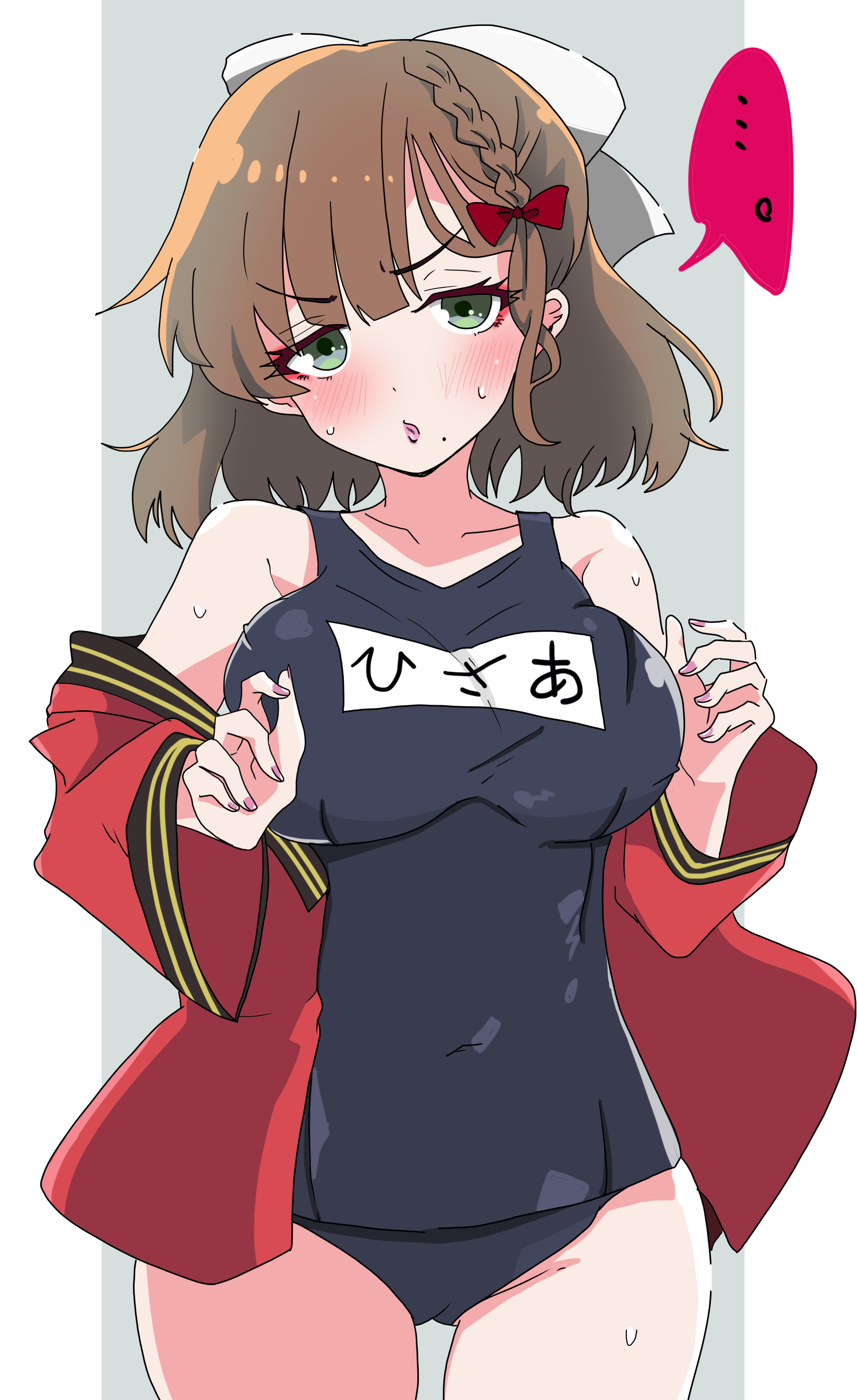 natsuta kousuke, asahi (kancolle), kantai collection, absurdres, highres, …, 1girl, annoyed, blue one-piece swimsuit, blush, breasts, brown hair, coat, embarrassed, gluteal fold, green eyes, hair ornament, hair ribbon, jacket, japanese clothes, large breasts, long sleeves, looking at viewer, mole, mole under mouth, name tag, old school swimsuit, one-piece swimsuit, open mouth, red jacket, ribbon, school swimsuit, shirt, short hair, solo, speech bubble, spoken ellipsis, swimsuit, swimsuit under clothes, white background, white ribbon