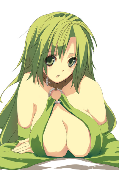 hisagi hotaru, rydia (adult) (ff4), rydia (ff4), final fantasy, final fantasy iv, 1990s (style), 1girl, breasts, cleavage, collar, female focus, green hair, huge breasts, large breasts, retro artstyle, solo