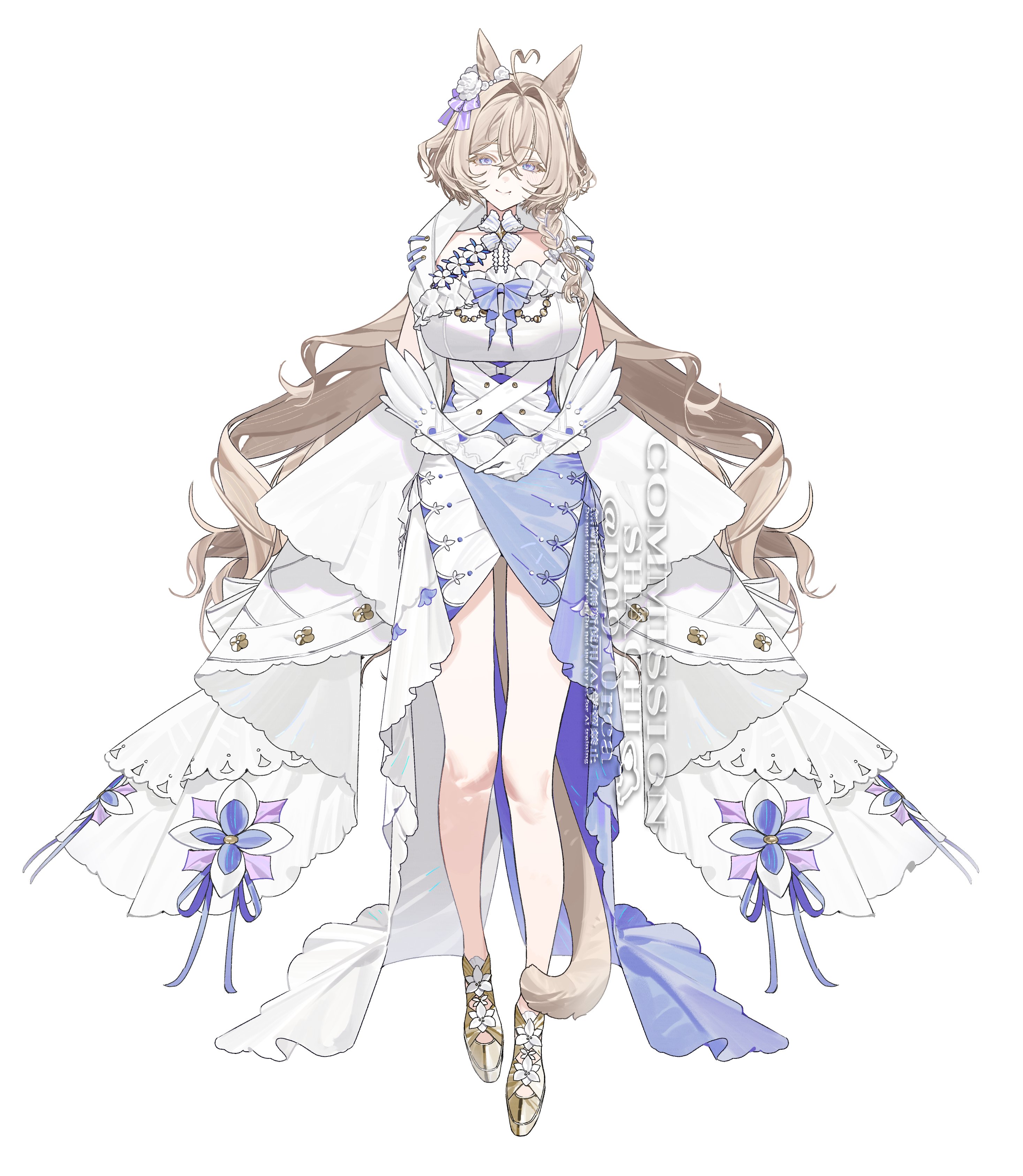 shachi (d09 0rca), original, absurdres, highres, 1girl, ahoge, animal ears, blue eyes, breasts, brown hair, cat ears, cat tail, closed mouth, dress, elbow gloves, flower, frills, full body, glasses, gloves, hair between eyes, hair flower, hair intakes, hair ornament, heart, heart ahoge, large breasts, long hair, looking at viewer, simple background, solo, standing, tachi-e, tail, very long hair, white background, white dress, white flower, white gloves