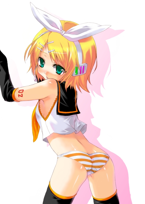 kajo, kagamine rin, vocaloid, bad id, bad pixiv id, 1girl, aqua eyes, ass, blonde hair, bow, elbow gloves, female focus, gloves, hair bow, hairband, panties, solo, striped clothes, striped panties, thighhighs, underwear