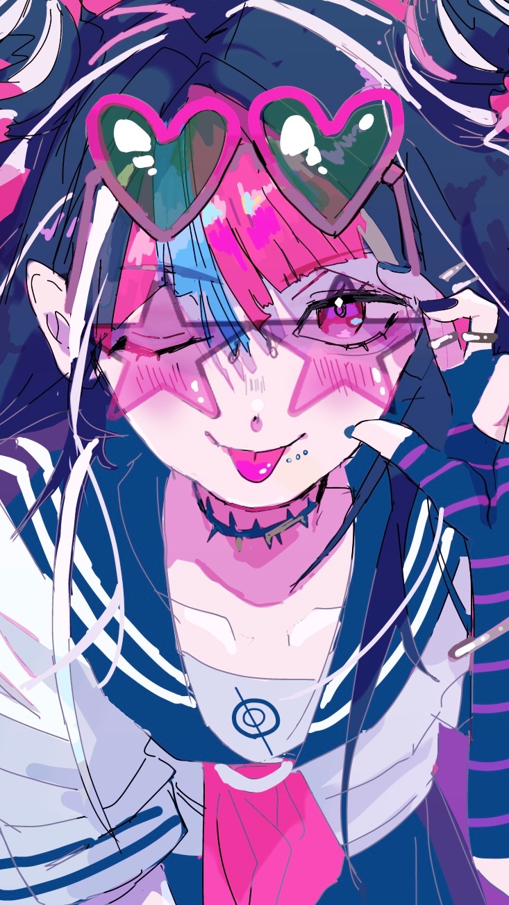 kata tsumurou, mioda ibuki, danganronpa (series), danganronpa 2: goodbye despair, commentary, highres, 1girl, barbed wire, black choker, black hair, black nails, black skirt, blue streaks, choker, eyewear on head, face piercing, fingerless gloves, gloves, hair horns, heart, heart-shaped eyewear, jewelry, multicolored hair, one eye closed, piercing, pink-framed eyewear, pink-tinted eyewear, pink eyes, pink streaks, ring, sailor collar, school uniform, shirt, short sleeves, skirt, smile, solo, star-shaped eyewear, star (symbol), streaked hair, sunglasses, swept bangs, tinted eyewear, tongue, tongue out, upper body, white shirt, white streaks