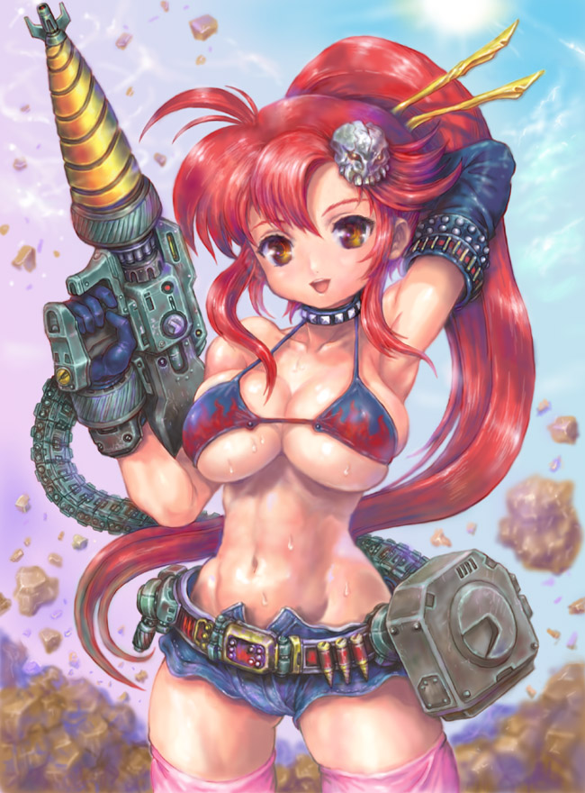 kureyon, yoko littner, tengen toppa gurren lagann, 00s, arms up, belt, bikini, bikini top only, breasts, chopsticks, denim, denim shorts, drill, elbow gloves, gloves, hair ornament, large breasts, long hair, ponytail, red hair, short shorts, shorts, sideboob, solo, swimsuit, thighhighs, underboob, yellow eyes