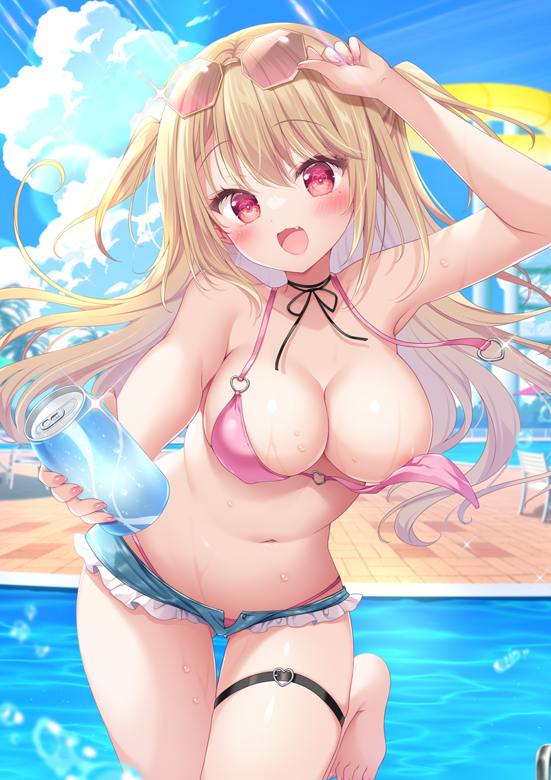 picpicgram, original, 1girl, adjusting eyewear, bare shoulders, bikini, bikini under shorts, black ribbon, blonde hair, blue sky, blush, breasts, can, choker, cleavage, cloud, collarbone, denim, denim shorts, drink can, eyewear on head, holding, holding can, imminent wardrobe malfunction, large breasts, long hair, looking at viewer, navel, open mouth, outdoors, pink bikini, pink hair, pool, ribbon, shorts, sky, smile, soda can, solo, stomach, sunglasses, swimsuit, wardrobe malfunction, water, water slide, wet
