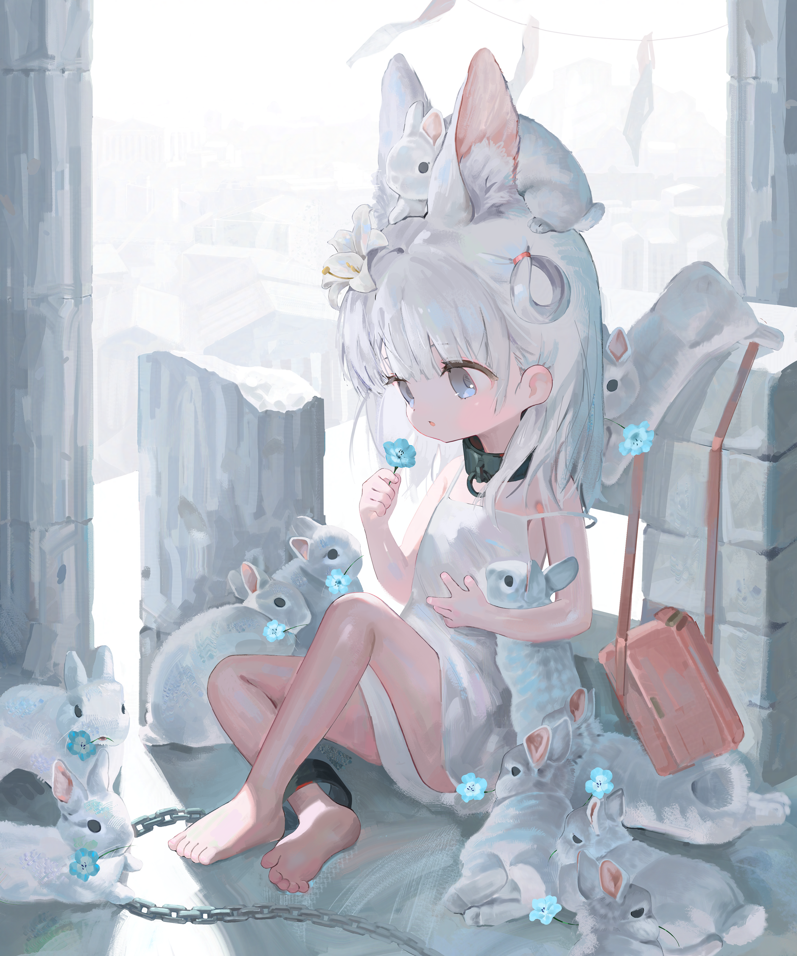 doubutsunoujyou, original, absurdres, commentary, highres, symbol-only commentary, 1girl, :o, animal, animal ear fluff, animal on head, bag, barefoot, blue eyes, blue flower, chain, cuffs, dress, extra ears, flat chest, flower, full body, hair flower, hair ornament, hair rings, holding, holding flower, medium hair, on head, open mouth, rabbit, rabbit on head, red bag, sitting, sleeveless, sleeveless dress, solo, strap slip, tail, unworn bag, white dress, white flower, white hair, white rabbit (animal)