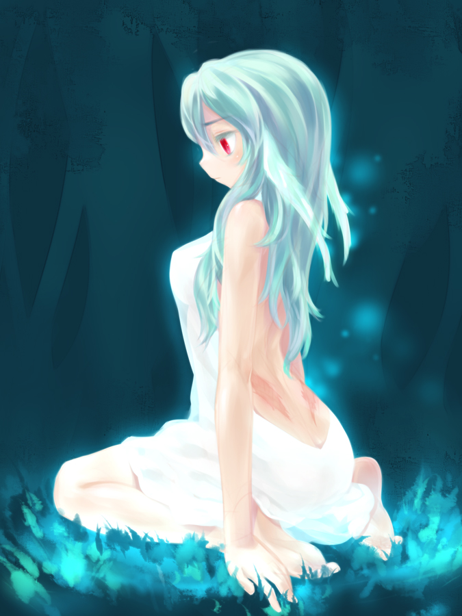 mizuki kotora, original, bad id, bad pixiv id, 1girl, back, bare shoulders, barefoot, blue hair, blush, breasts, female focus, long hair, looking down, nature, red eyes, see-through clothes, seiza, sitting, solo