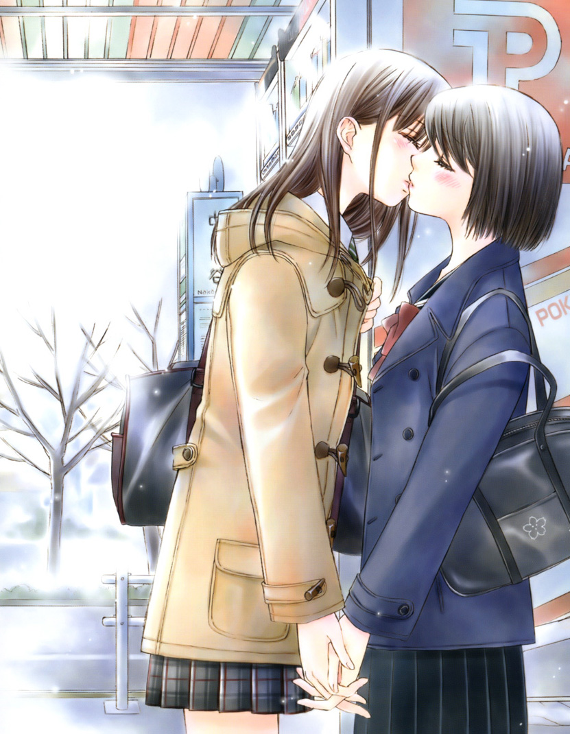 morinaga milk, fujimori hitomi, kobayashi nana, kuchibiru tameiki sakurairo, 2girls, bag, bare tree, blush, city, closed eyes, coat, day, holding hands, interlocked fingers, kiss, long hair, multiple girls, outdoors, plaid clothes, plaid skirt, pleated skirt, school uniform, serafuku, short hair, skirt, snowing, tree, winter, yuri