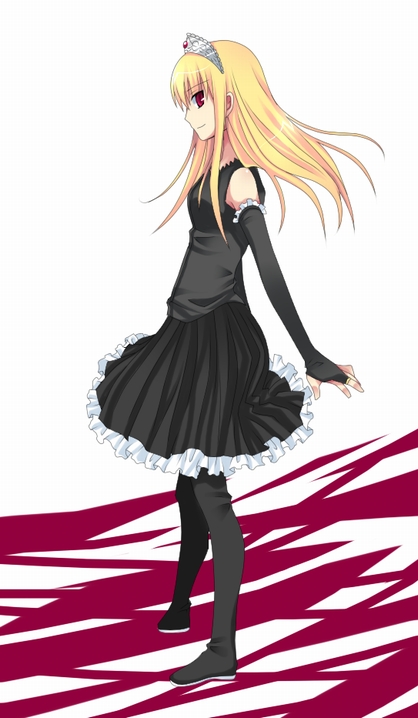 soranagi reno, hime (kaibutsu oujo), kaibutsu oujo, 00s, blonde hair, boots, elbow gloves, frills, gloves, hair ornament, long hair, red eyes, sleeveless, solo, standing, thigh boots, thighhighs