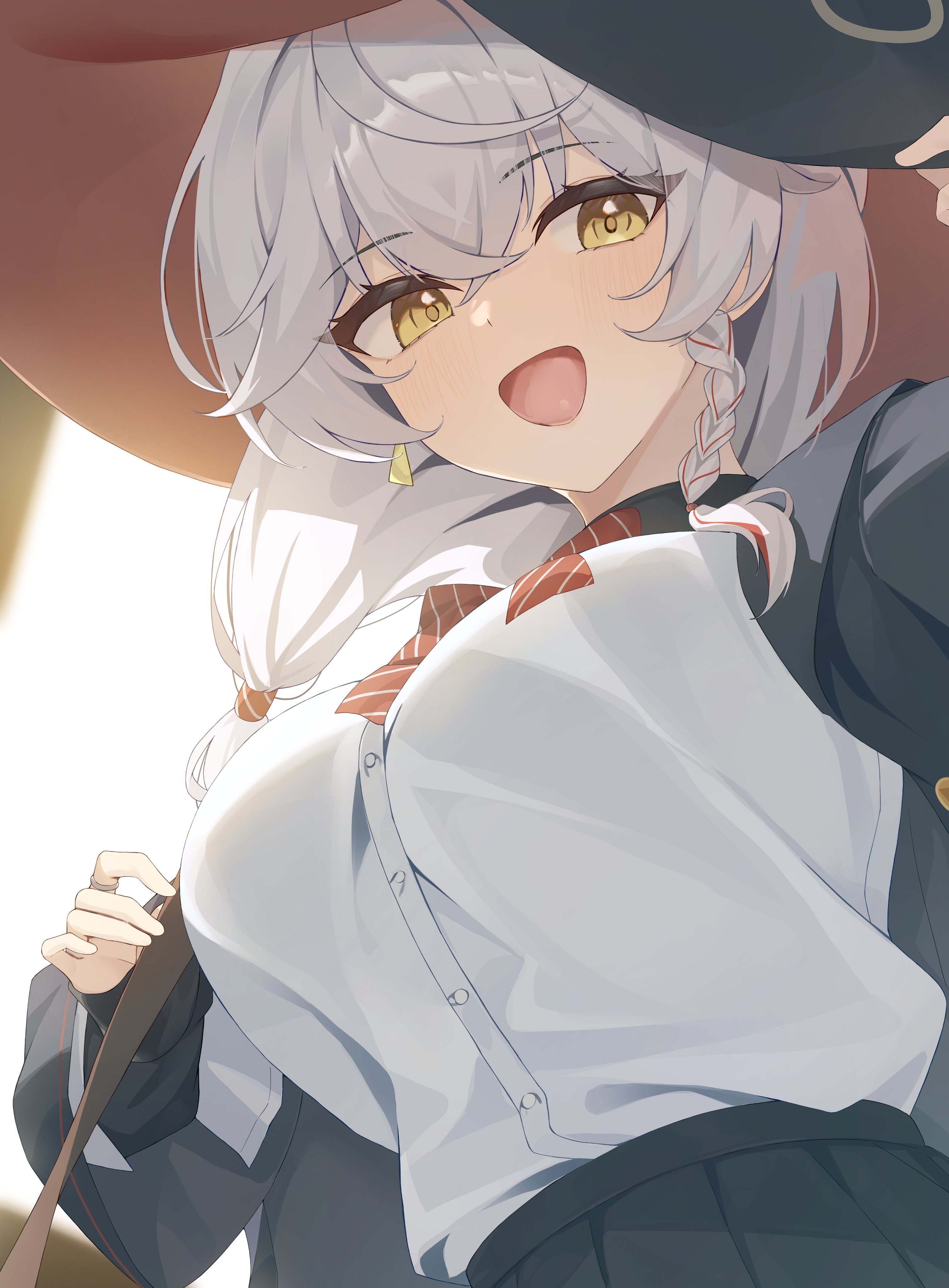k cyp, eri (blue archive), blue archive, absurdres, highres, 1girl, black skirt, bow, bowtie, braid, breasts, halo, hat, jacket, large breasts, long hair, long sleeves, looking at viewer, open mouth, red bow, red bowtie, shirt, skirt, smile, solo, white hair, white shirt, witch hat