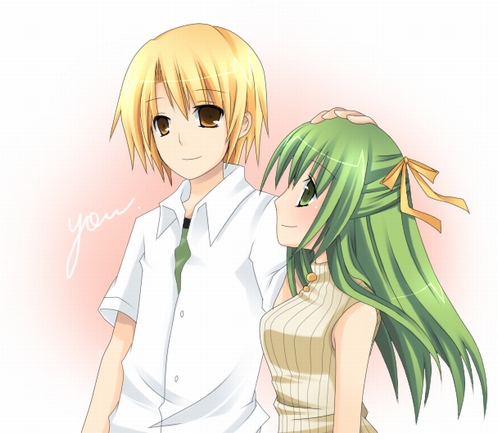 soranagi reno, houjou satoshi, sonozaki shion, higurashi no naku koro ni, lowres, 00s, 1boy, 1girl, bare shoulders, blonde hair, brown eyes, collared shirt, dress shirt, green eyes, green hair, half updo, headpat, houjou satochi, ribbed sweater, shirt, sweater, sweater vest, upper body, white shirt