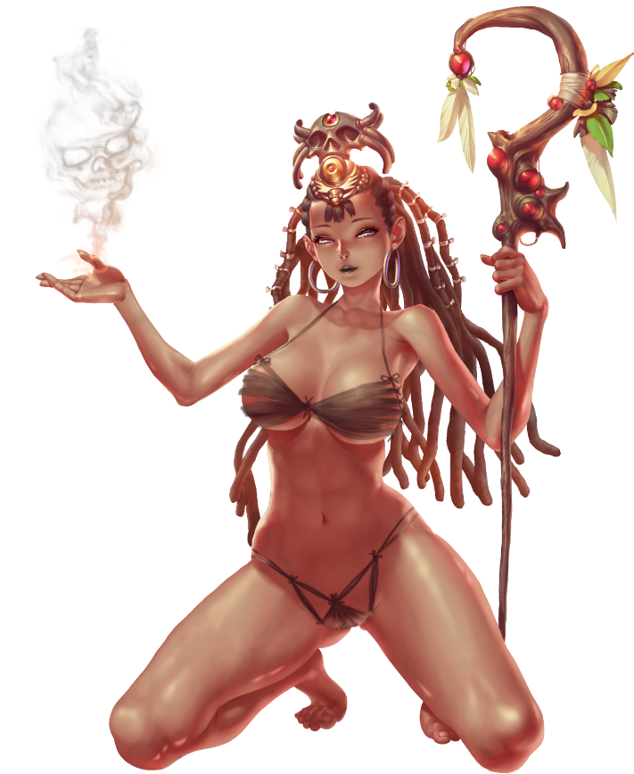 crystal maiden (series), artist request, game cg, official art, variant set, 1girl, alisha (crystal maidens), bare arms, bare legs, black bra, black lips, black panties, bra, bracelet, breasts, brown eyes, brown hair, cleavage, dark skin, earrings, full body, holding, holding staff, jewelry, kneeling, long hair, navel, open hand, panties, skull, smoke, solo, staff, transparent background, underwear
