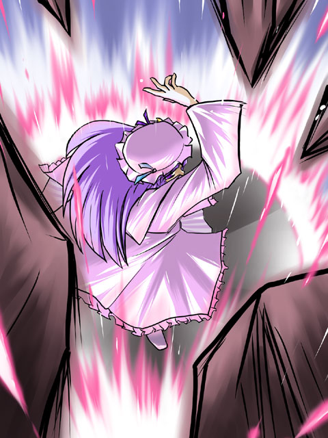 yuzukineko, patchouli knowledge, touhou, 1girl, arm up, dress, female focus, floating rock, frilled dress, frilled hat, frills, from above, hat, long hair, long sleeves, magic, mob cap, pink dress, pink hat, purple eyes, purple hair, solo, standing, wide sleeves