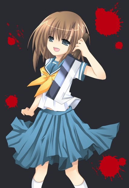 soranagi reno, ryuuguu rena, higurashi no naku koro ni, 00s, 1girl, billhook, blood, bow, cleaver, female focus, hashitsuki nata, hatchet, nata (tool), school uniform, serafuku, socks, solo, standing