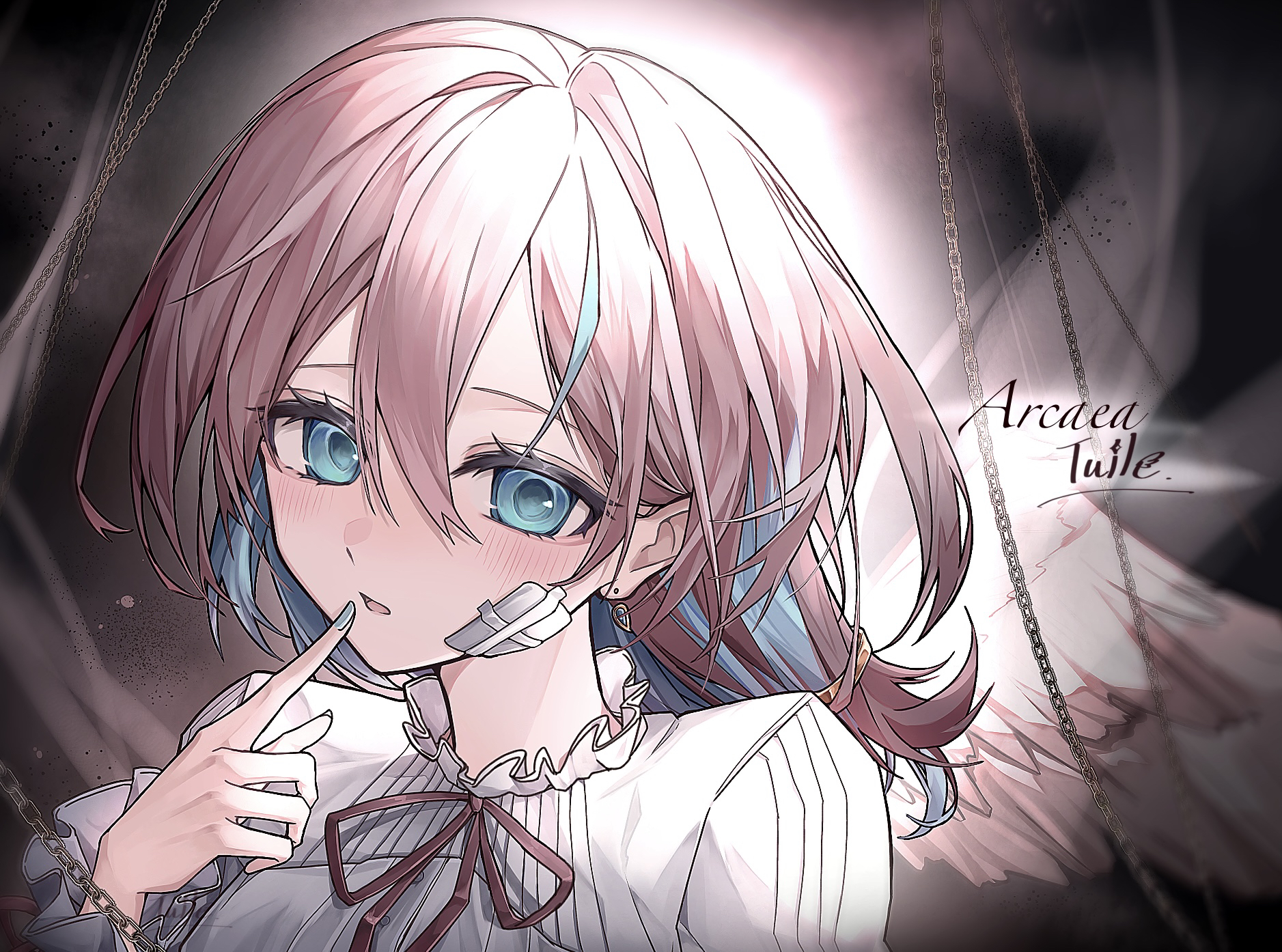 arcaea, highres, 1girl, :o, bandage on face, bandages, bandaid, bandaid on face, belt, black belt, black gloves, black ribbon, black skirt, blue eyes, blue hair, breasts, compassion (arcaea), cross, finger to mouth, frilled shirt, frills, gloves, grey hair, long sleeves, medium breasts, multicolored hair, portrait, ribbon, shirt, short hair, skirt, solo, streaked hair, thigh strap, tuile galvana, white shirt