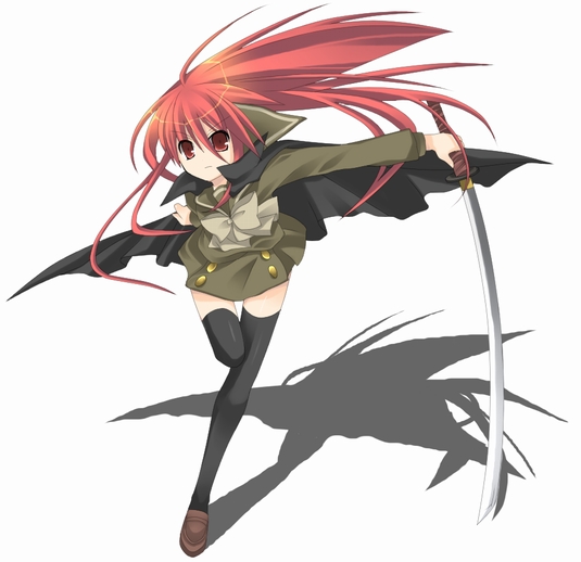 soranagi reno, shana, shakugan no shana, 00s, bow, cape, long hair, red eyes, red hair, school uniform, serafuku, shadow, solo, sword, thighhighs, weapon, zettai ryouiki