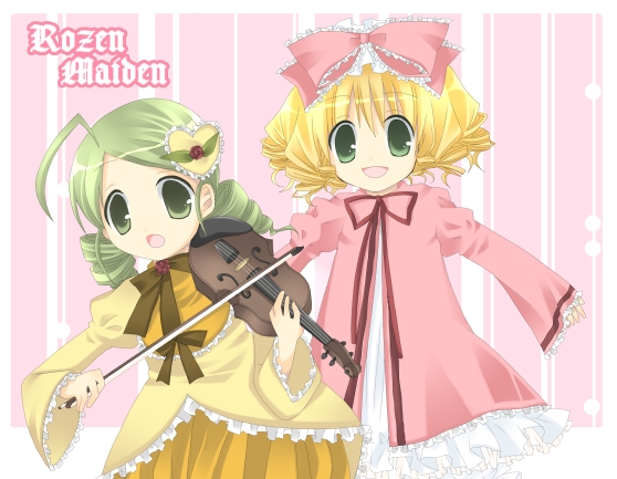 soranagi reno, hinaichigo, kanaria, rozen maiden, 00s, 2girls, bow, brown hair, dress, drill hair, frills, green eyes, green hair, hair bow, instrument, multiple girls, ribbon, violin