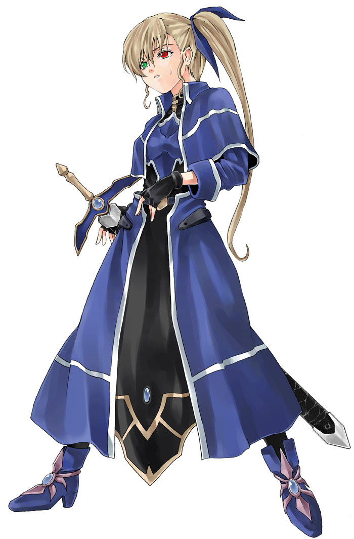 raid slash, vivio, lyrical nanoha, mahou shoujo lyrical nanoha, mahou shoujo lyrical nanoha strikers, 00s, aged up, blonde hair, gloves, heterochromia, long hair, ponytail, solo, sword, weapon