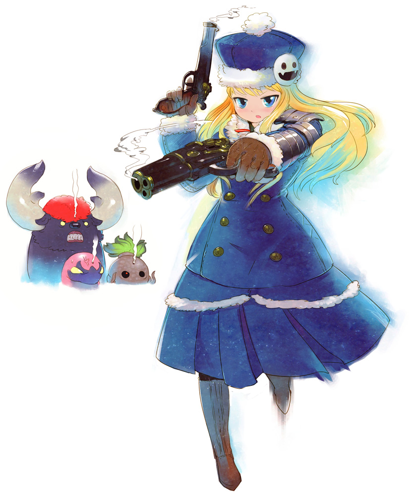 nagasawa shin, gunner (sekaiju), gunner 2 (sekaiju), atlus, etrian odyssey, sekaiju no meikyuu, sekaiju no meikyuu 2, 1girl, blonde hair, blue eyes, female focus, gloves, gun, handgun, hat, multiple-barrel gun, pistol, skirt, solo, weapon