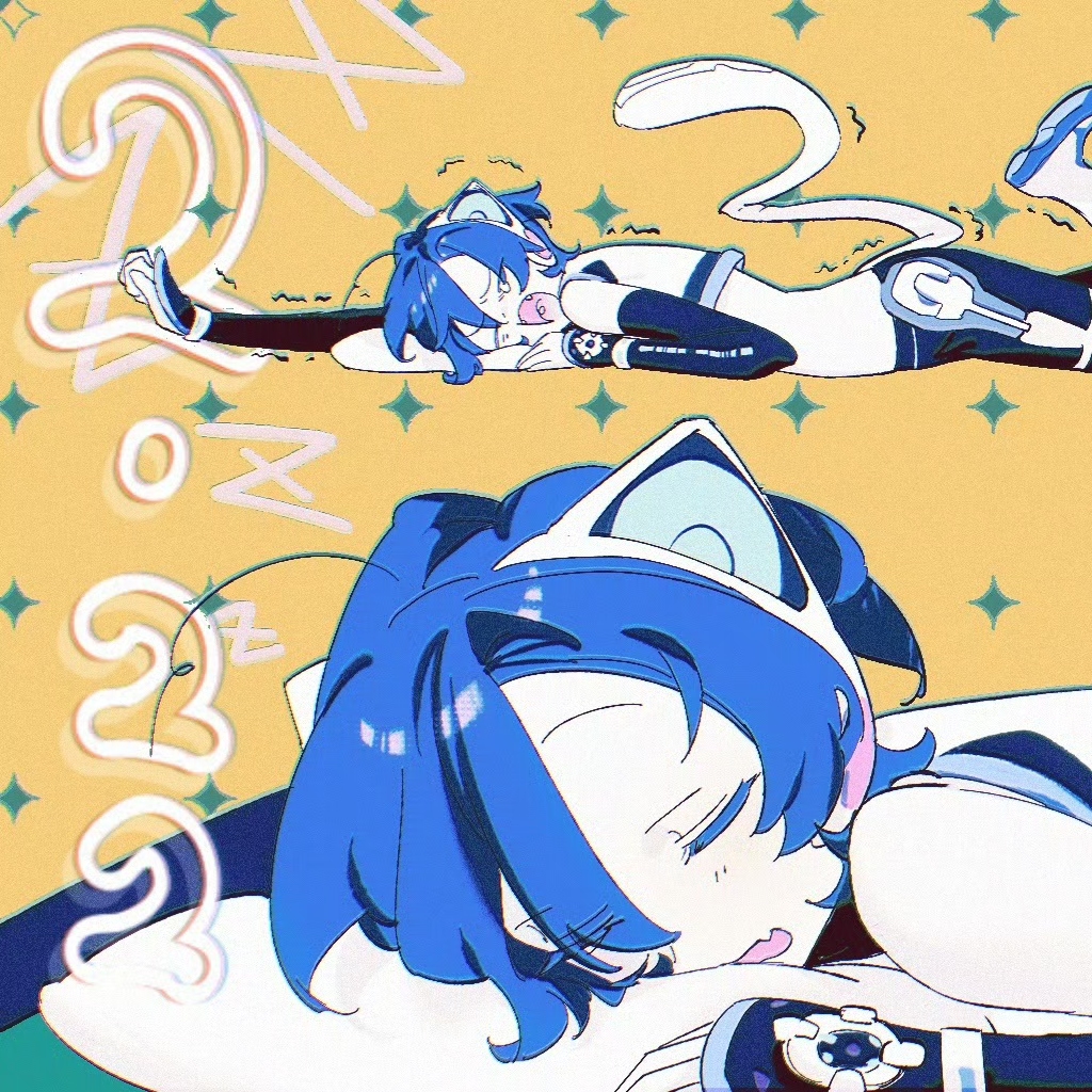kaito (neko cyber) (vocaloid), kaito (vocaloid), project diva (series), vocaloid, 1boy, 2022, animal ear headphones, animal ears, beret cj, blue eyes, blue hair, boots, cat boy, cat ear headphones, cat ears, cat tail, crop top, detached sleeves, fake animal ears, fangs, hair between eyes, headphones, male focus, midriff, multiple boys, short hair, sleeping, tail, yawning, zzz