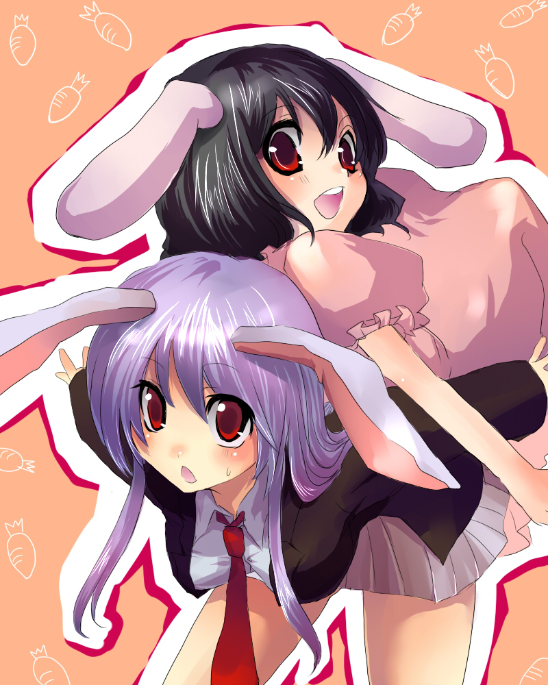 kobanzame, inaba tewi, reisen udongein inaba, touhou, light purple hair, bad id, bad pixiv id, 2girls, animal ears, back-to-back, black hair, blazer, blush, breasts, carrot, carrying, female focus, jacket, long hair, multiple girls, necktie, open mouth, outstretched arms, rabbit ears, red eyes, red necktie, short hair, simple background, smile, spread arms, sweatdrop