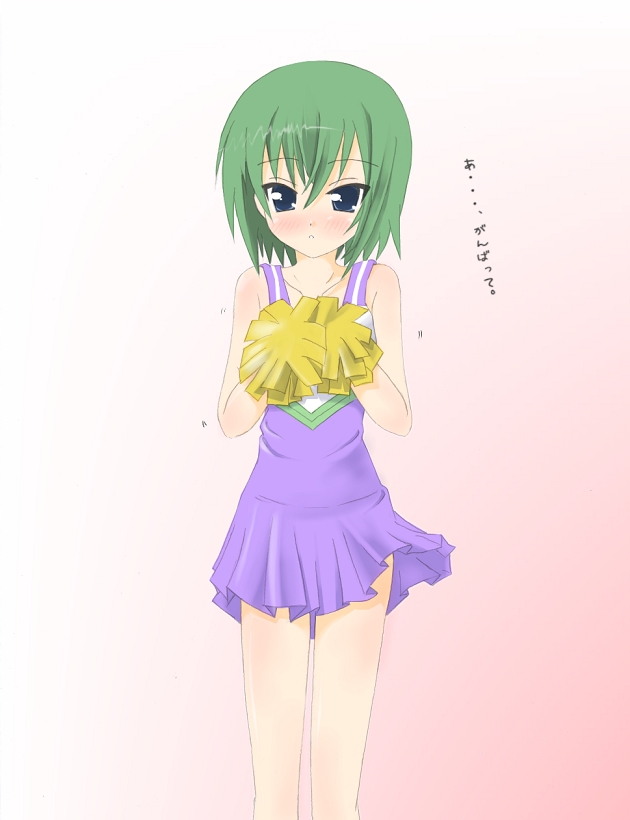 kuro inu, kuroinu (sonoba shinogi), iwasaki minami, lucky star, 00s, 1girl, blue eyes, blush, cheerleader, female focus, green hair, pom pom (cheerleading), short hair, skirt, solo, trembling