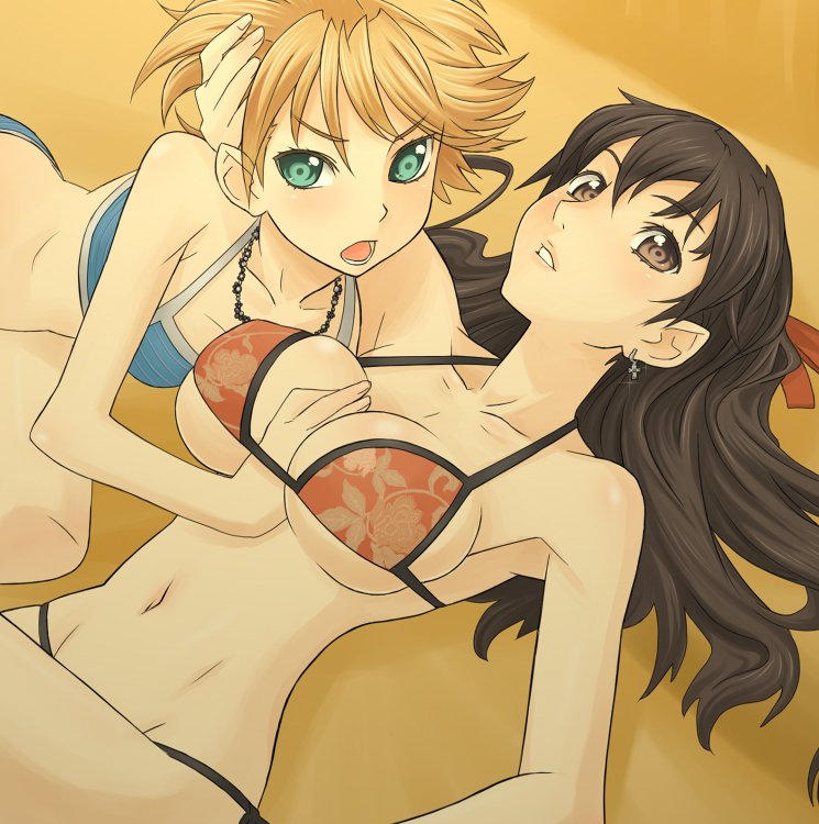ume (driveume), original, bad id, bad pixiv id, 2girls, bikini, blonde hair, blush, breasts, brown eyes, brown hair, cleavage, green eyes, large breasts, long hair, multiple girls, short hair, swimsuit, yuri