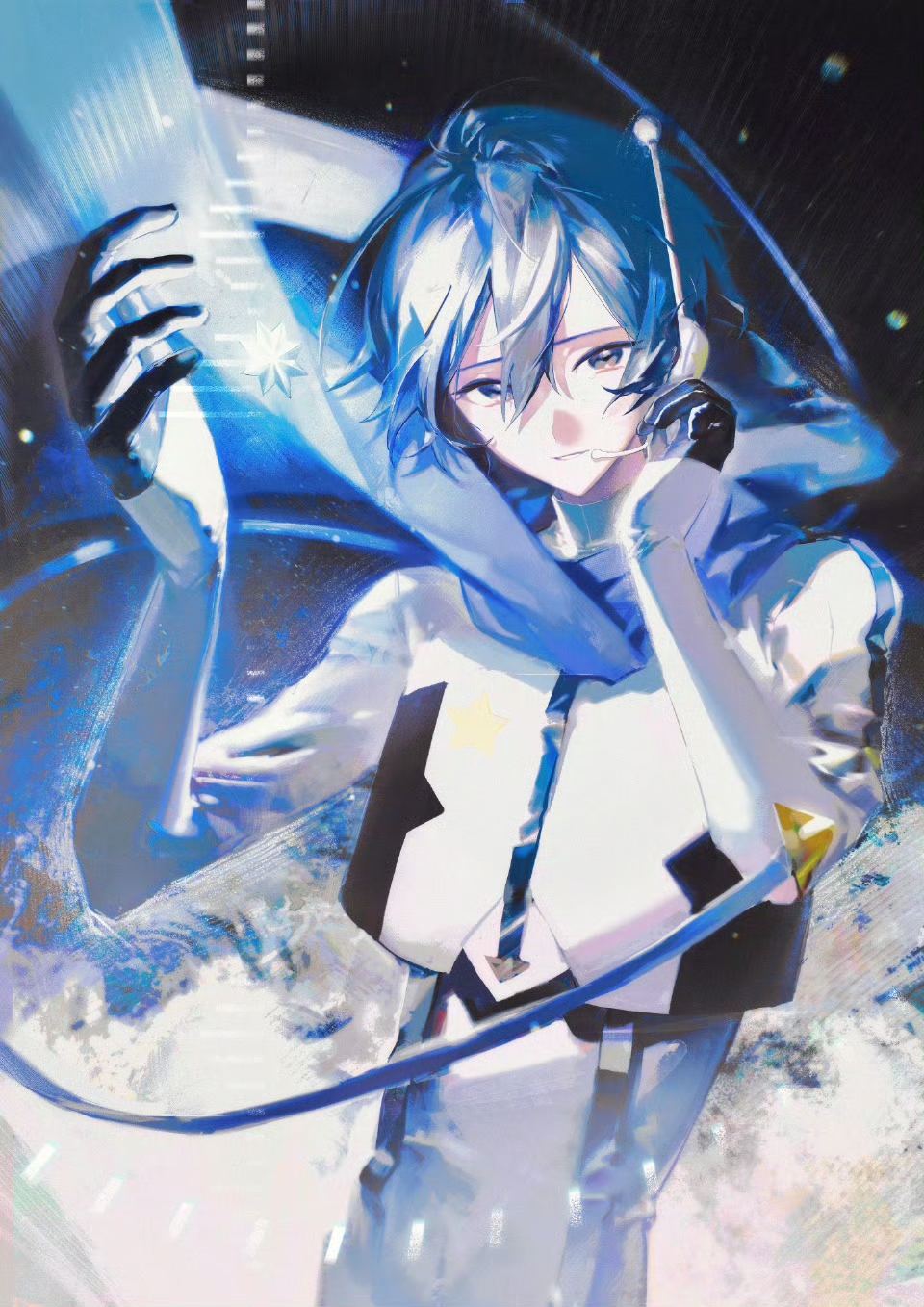 kaito (vocaloid), vocaloid, highres, 1boy, adjusting headset, antennae, beret cj, blue eyes, blue hair, blue scarf, bodysuit, cropped jacket, gloves, hair between eyes, headset, jacket, male focus, reaching, scarf, shirt, solo, star (symbol), white bodysuit, white jacket