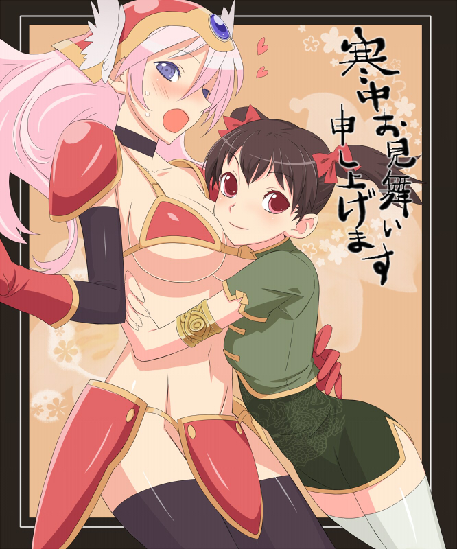 ume (driveume), martial artist (dq3), warrior (dq3), chunsoft, dragon quest, dragon quest iii, enix, square enix, bad id, bad pixiv id, 2girls, armor, bare shoulders, bikini, bikini armor, black thighhighs, blush, breasts, brown hair, china dress, chinese clothes, cleavage, dress, elbow gloves, gloves, helmet, large breasts, miniskirt, multiple girls, pink hair, purple eyes, red eyes, skirt, swimsuit, thighhighs, twintails, white theme
