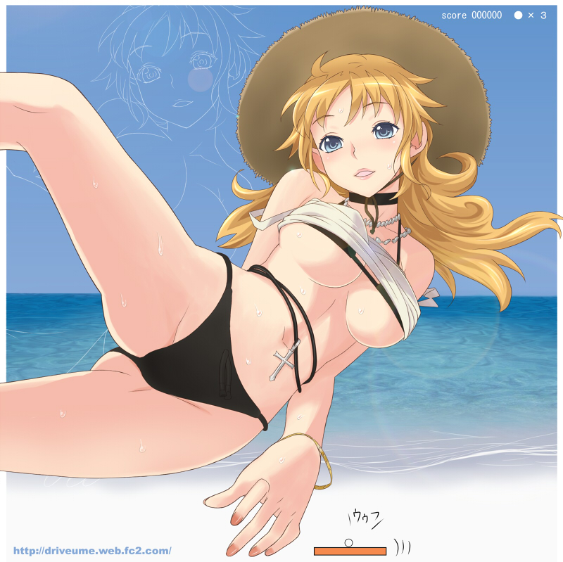 ume (driveume), original, bad id, bad pixiv id, 1girl, bikini, black bikini, blonde hair, blue eyes, breasts, fake screenshot, female focus, foreshortening, lips, solo, swimsuit, underboob