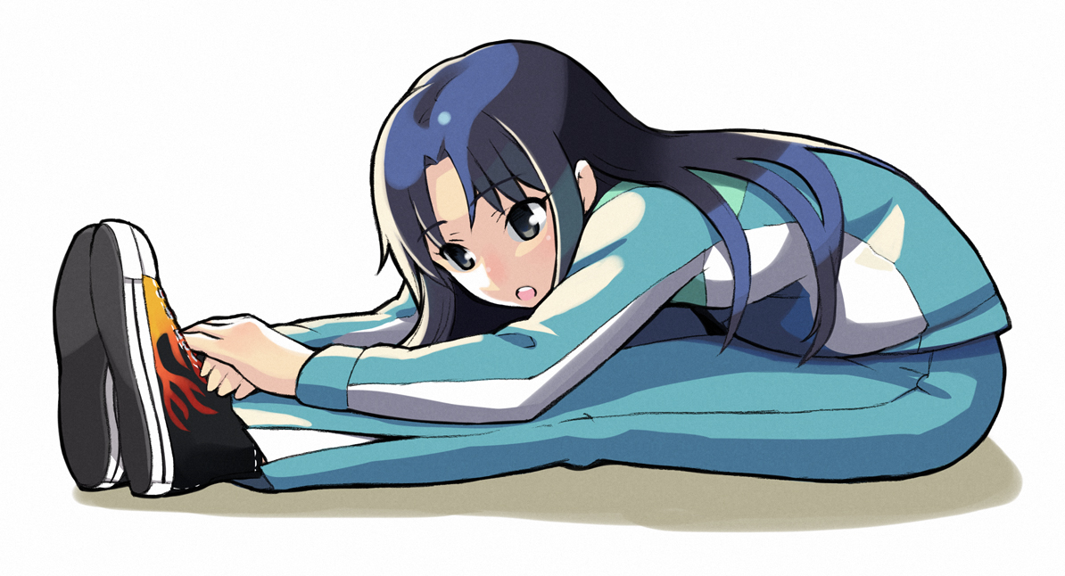 chan co, kisaragi chihaya, converse, idolmaster, idolmaster (classic), idolmaster 1, 00s, 1girl, female focus, full body, gym uniform, long hair, shoes, sneakers, solo, stretching