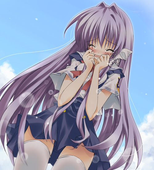 paco, fujibayashi kyou, clannad, 00s, 1girl, blush, closed eyes, crying, day, female focus, long hair, open mouth, purple hair, school uniform, serafuku, sky, solo, tears, thighhighs, very long hair, white thighhighs