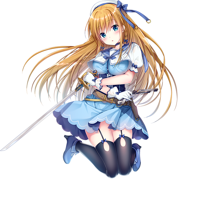 sennen sensou aigis, artist request, bad source, game cg, official art, third-party source, 1girl, :o, belt, beret, blonde hair, blue bow, blue eyes, blue shoes, blue skirt, bow, braid, breasts, collar, dual wielding, full body, garter straps, gloves, gun, hat, high heels, holding, holding gun, holding sword, holding weapon, jacqueline (sennen sensou aigis), pantyhose, shoes, short sleeves, skirt, solo, sword, transparent background, weapon, white gloves