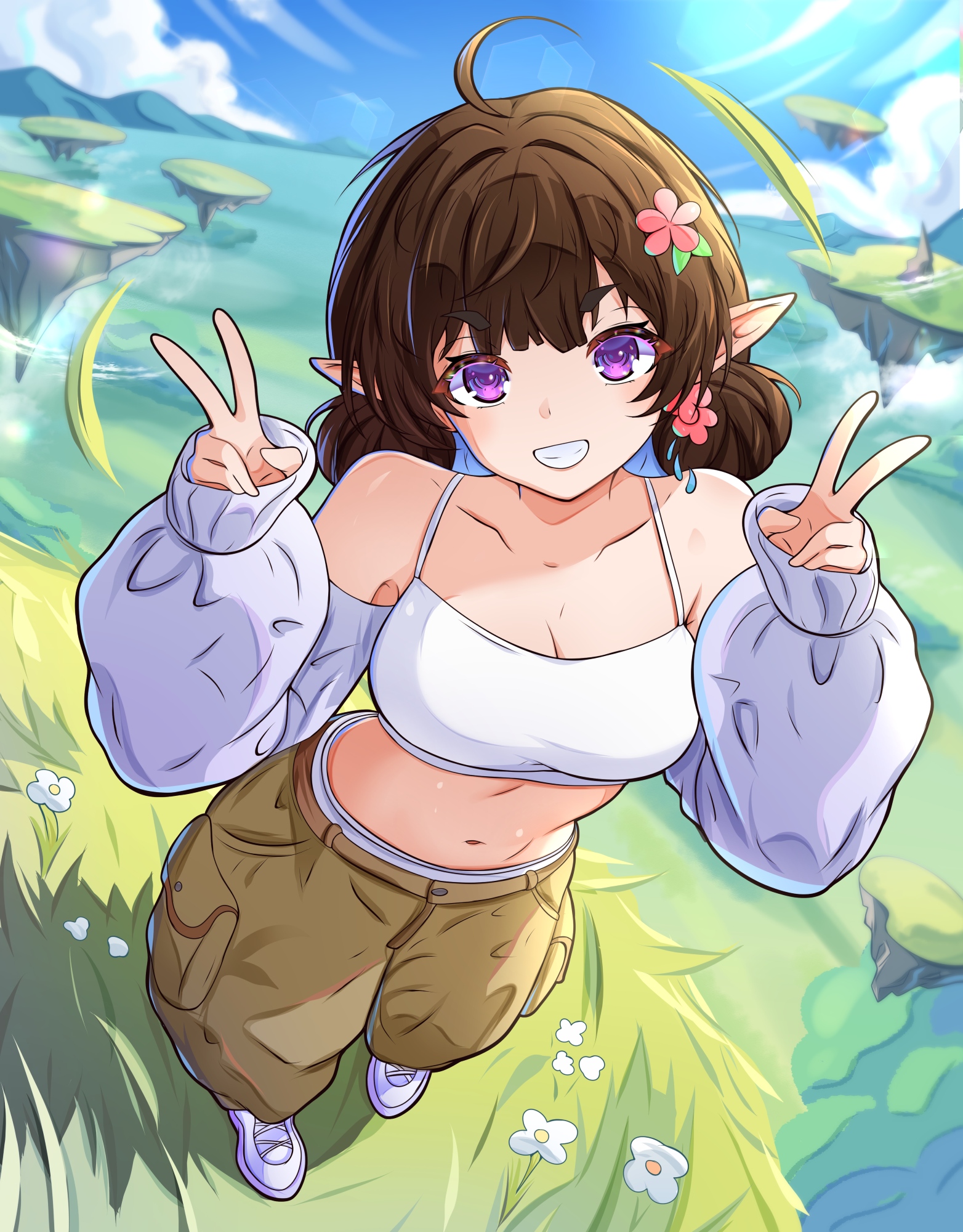 mrrollingcircle, original, highres, 1girl, ahoge, armpit crease, baggy pants, breasts, brown hair, brown pants, crop top, detached sleeves, double bun, double v, eyebrows hidden by hair, field, floating island, flower, full body, hair bun, hair flower, hair ornament, large breasts, lips, looking at viewer, medium hair, navel, open mouth, pants, puffy sleeves, purple eyes, shirt, shoes, smile, sneakers, solo, stomach, teeth, v, white shirt, white shoes, wind