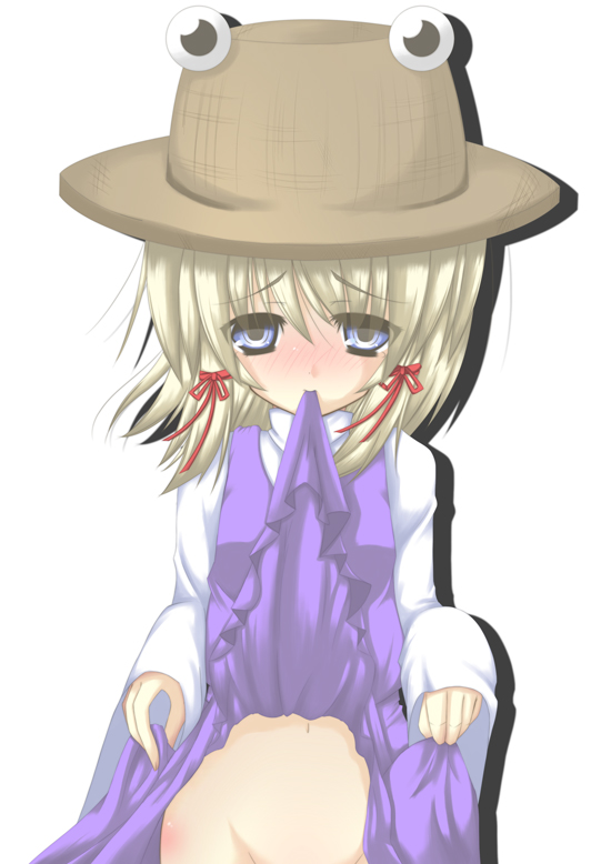 futase hijiri, moriya suwako, touhou, 1girl, blonde hair, blue eyes, blush, clothes lift, female focus, groin, hat, mouth hold, no panties, skirt, skirt lift, solo