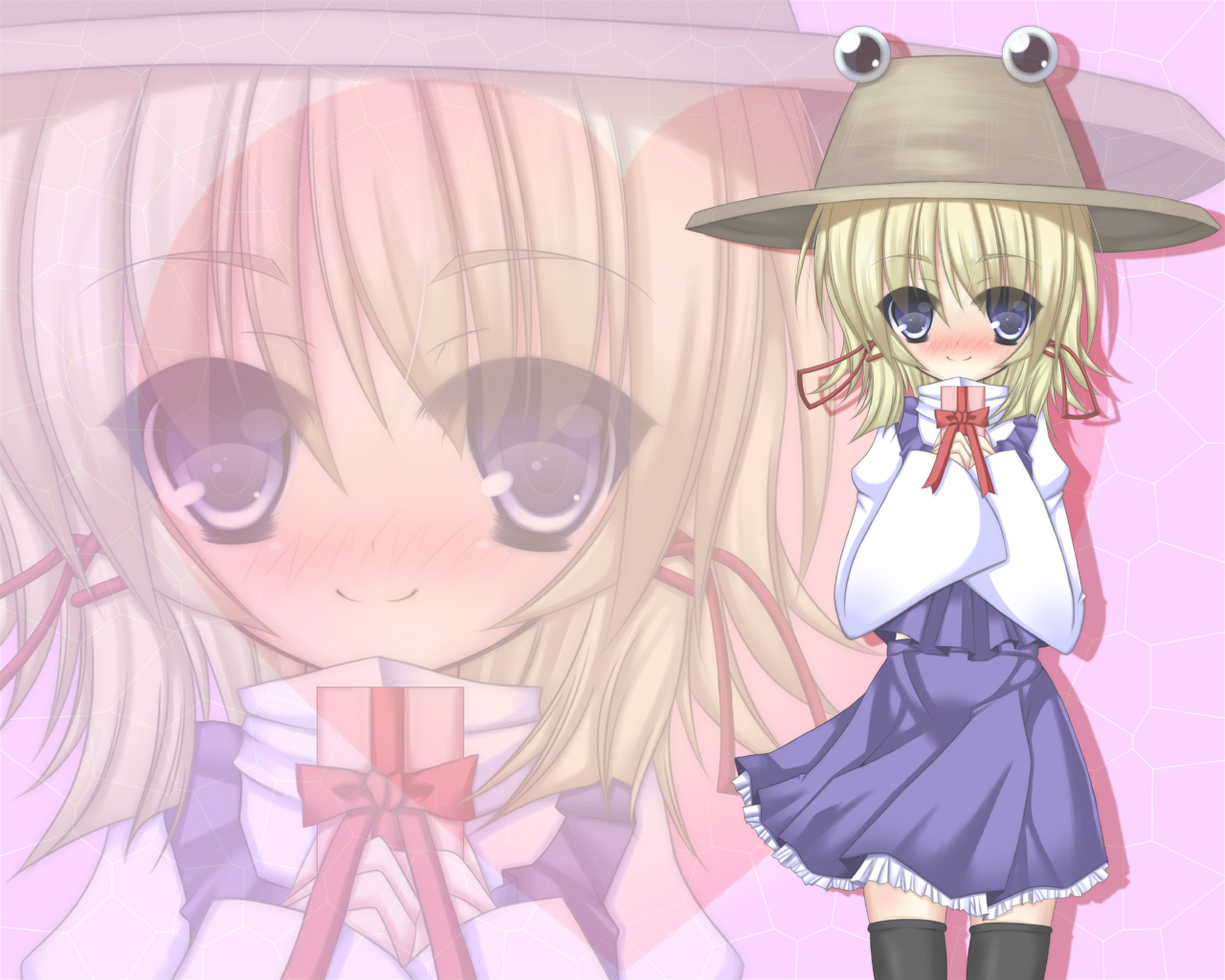 futase hijiri, moriya suwako, touhou, 1girl, black thighhighs, blonde hair, blue eyes, blush, female focus, hat, skirt, solo, thighhighs, valentine, zettai ryouiki