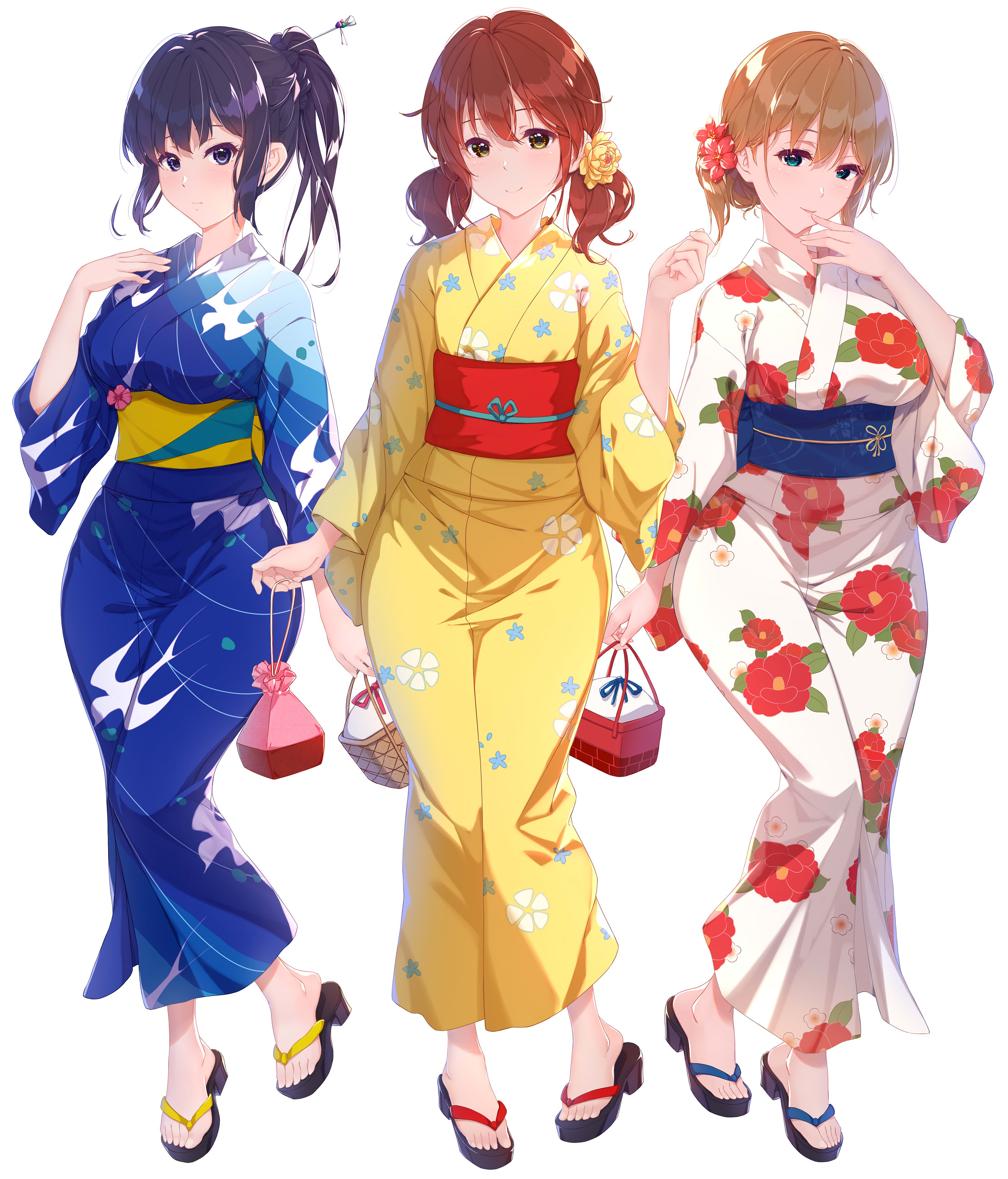 kurenaiz (kureniz), kousaka reina, kuroe mayu, oumae kumiko, hibike! euphonium, absurdres, highres, 3girls, animal print, bird print, black hair, blue eyes, blue kimono, breasts, brown hair, floral print, flower, full body, hair flower, hair ornament, japanese clothes, kimono, large breasts, medium breasts, multiple girls, obi, ponytail, purple eyes, sandals, sash, simple background, twintails, white background, white kimono, wide hips, yellow eyes, yellow kimono, yukata