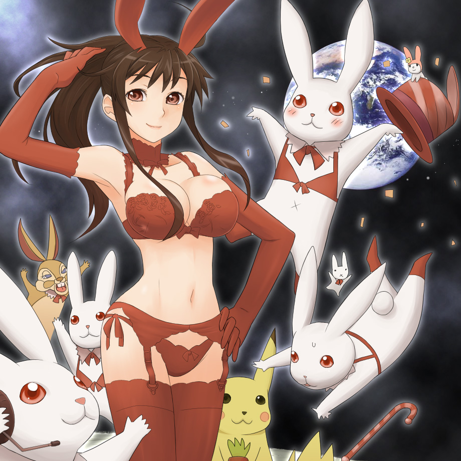 ume (driveume), pikachu, nintendo, pokemon, bad id, bad pixiv id, 1girl, animal ears, bra, brown eyes, brown hair, female focus, gen 1 pokemon, lingerie, panties, pokemon (creature), ponytail, rabbit, rabbit ears, solo, thighhighs, underwear, underwear only
